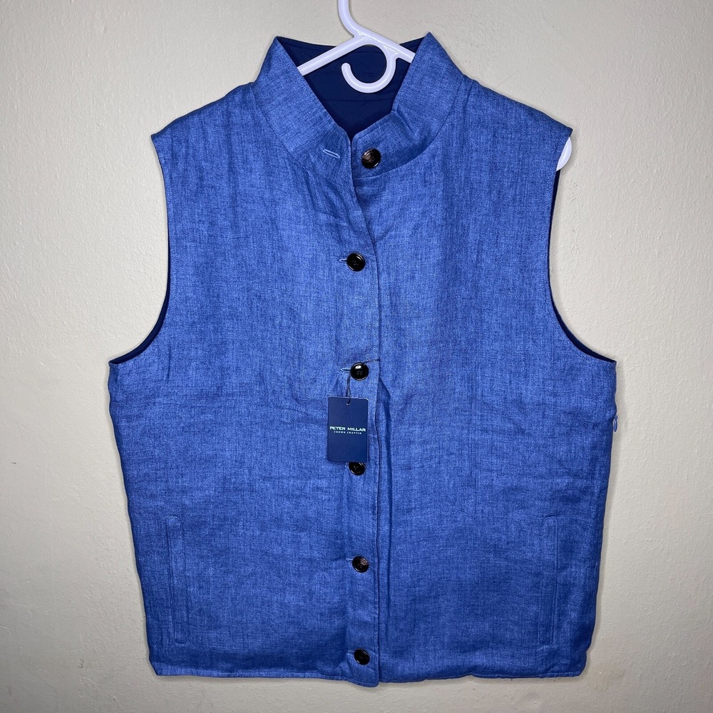 New Men's Peter Millar Journeyman Size Large Linen Reversible Vest Jacket Blue